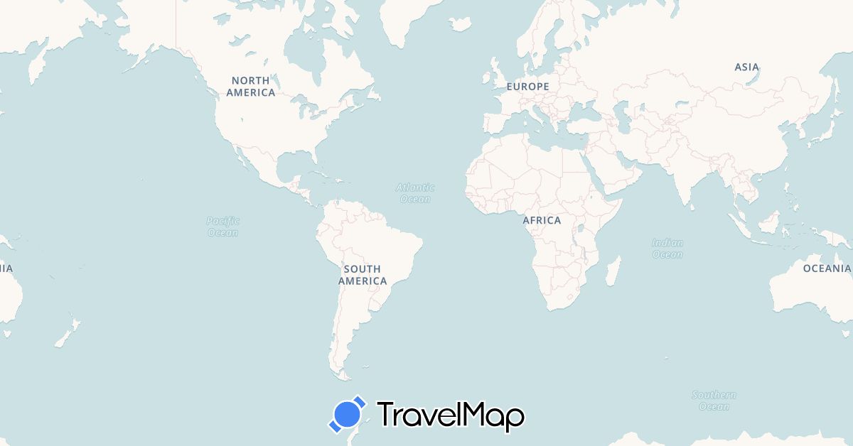 TravelMap itinerary: driving, bus, plane, cycling, train, hiking, avion in Argentina, Belgium, Bolivia, Brazil, Chile, Spain, France, Morocco, Peru, Uruguay (Africa, Europe, South America)
